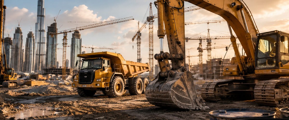 Excavator and dump truck at a Dubai construction site with cranes and the Burj Khalifa in the background, highlighting urban development 