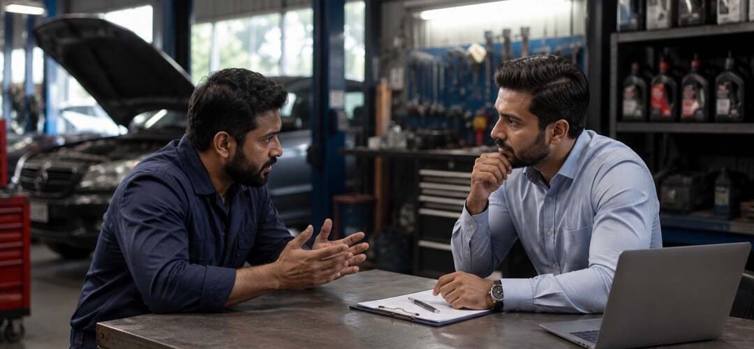 Business owner discussing key questions with an engine oil supplier before signing a supply agreement 