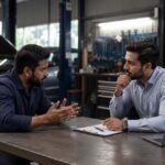 Business owner discussing key questions with an engine oil supplier before signing a supply agreement 