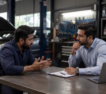 Business owner discussing key questions with an engine oil supplier before signing a supply agreement 