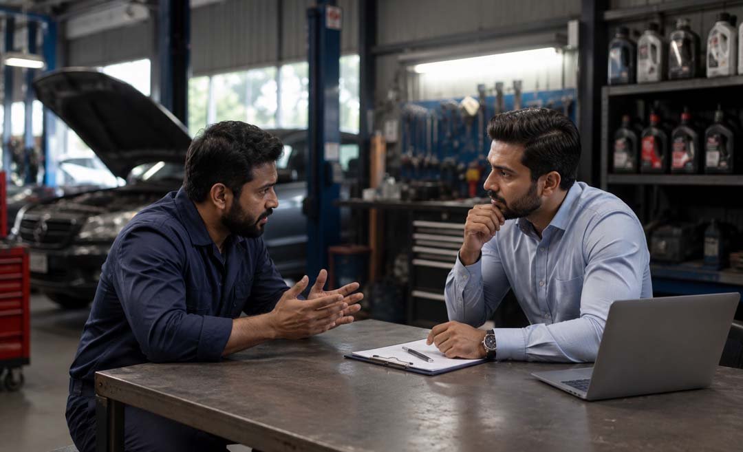 Business owner discussing key questions with an engine oil supplier before signing a supply agreement 