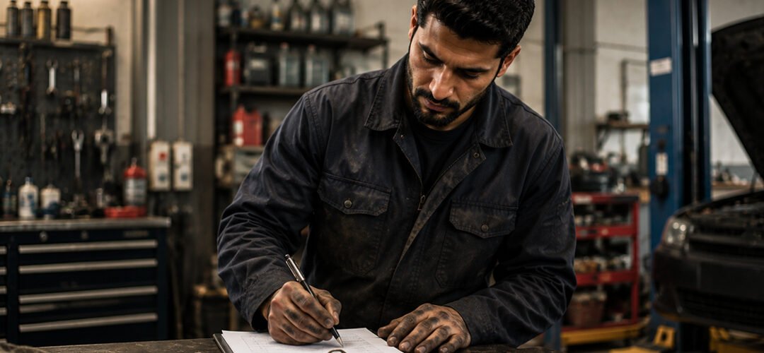 Mechanic checking vehicle service records before maintenance 