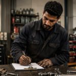 Mechanic checking vehicle service records before maintenance 