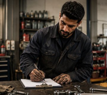 Mechanic checking vehicle service records before maintenance 