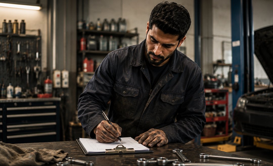 Mechanic checking vehicle service records before maintenance