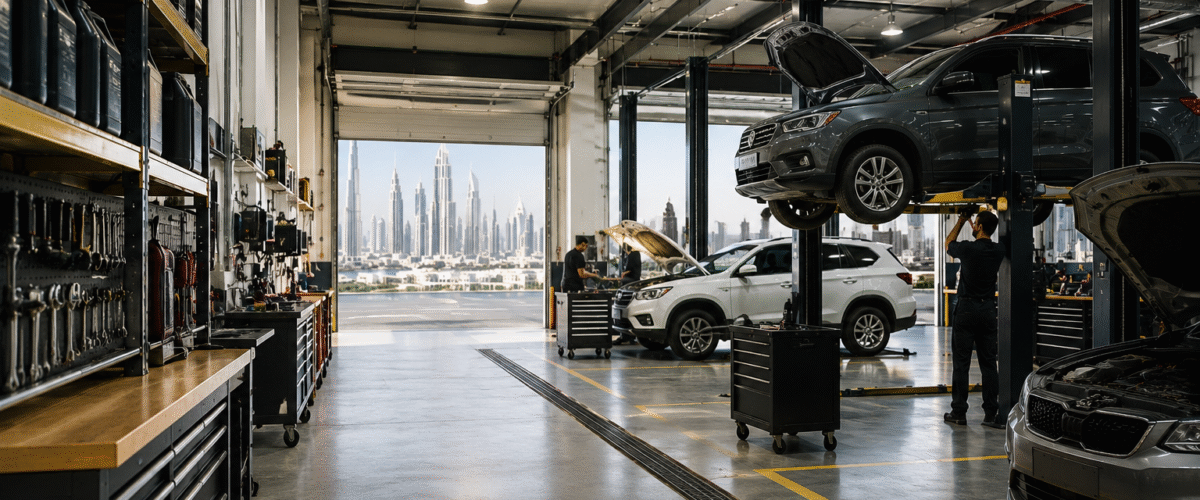 Dubai auto repair workshop with vehicles on lifts and shelves of engine oils and lubricants 
