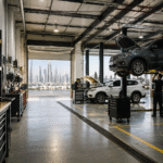 Dubai auto repair workshop with vehicles on lifts and shelves of engine oils and lubricants 
