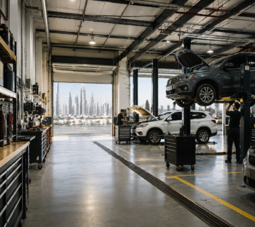 Dubai auto repair workshop with vehicles on lifts and shelves of engine oils and lubricants 