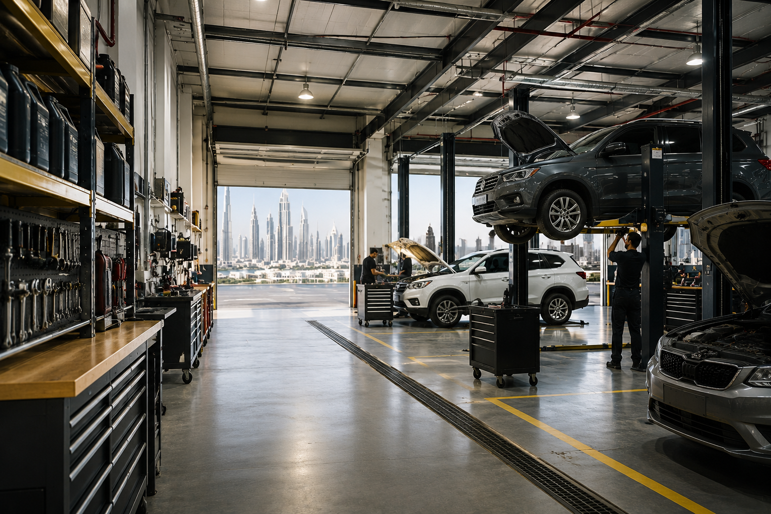 Dubai auto repair workshop with vehicles on lifts and shelves of engine oils and lubricants 