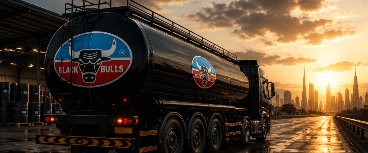 Black Bulls lubricant tanker truck in the UAE, with Dubai skyline in the background, representing engine oil supplier verification 