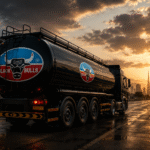 Black Bulls lubricant tanker truck in the UAE, with Dubai skyline in the background, representing engine oil supplier verification 