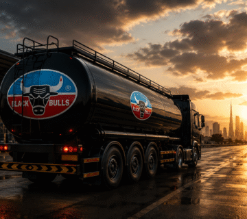 Black Bulls lubricant tanker truck in the UAE, with Dubai skyline in the background, representing engine oil supplier verification 