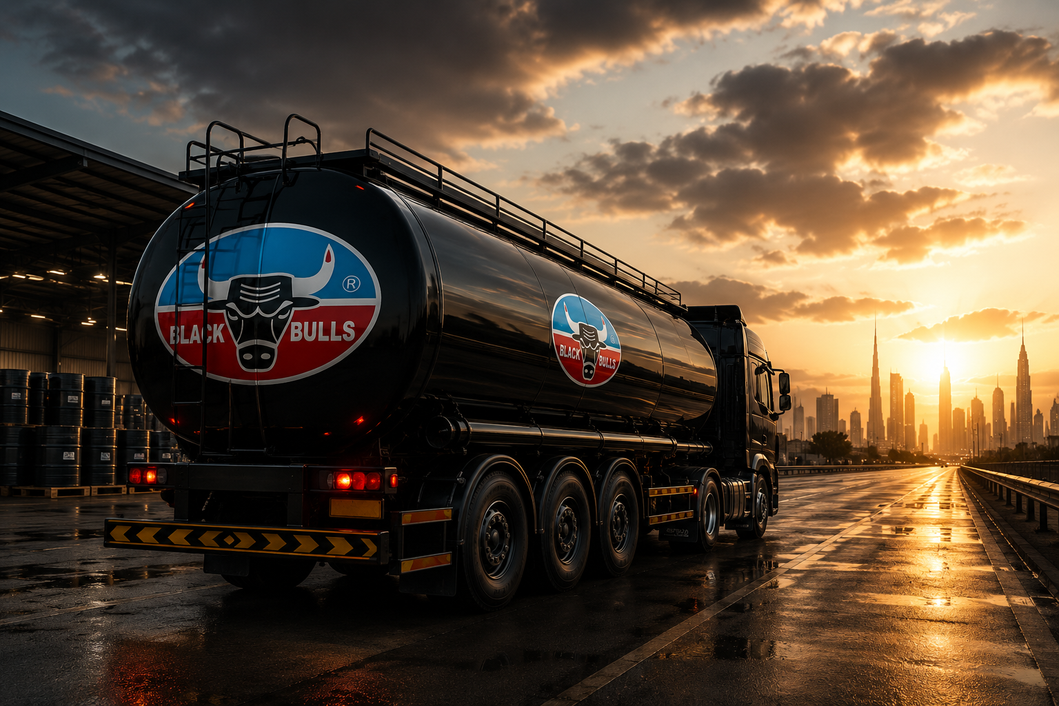 Black Bulls lubricant tanker truck in the UAE, with Dubai skyline in the background, representing engine oil supplier verification 