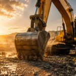 Excavator operating at a construction site, highlighting heavy machinery and hydraulic oil use in hot climates 