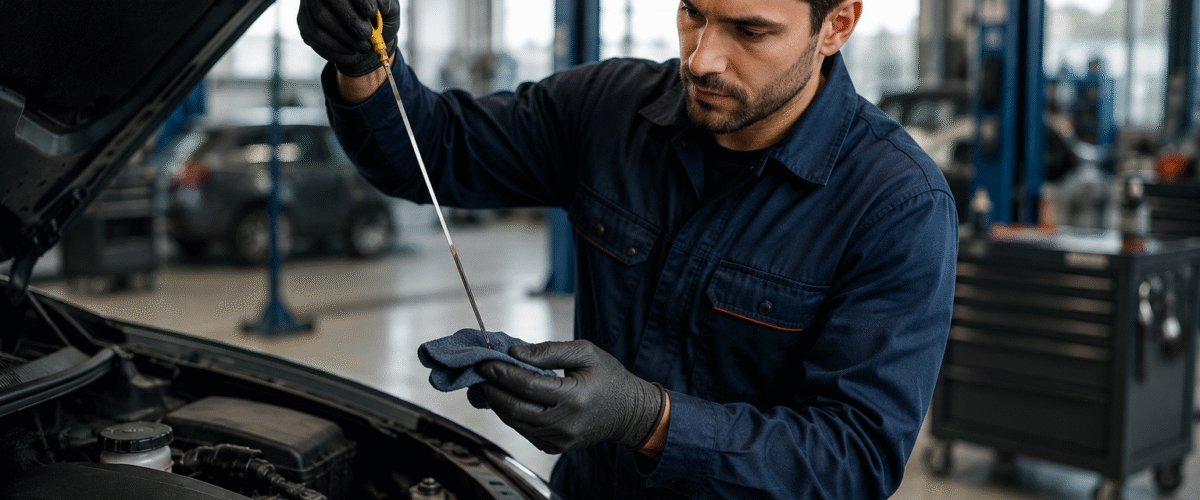 Mechanic checking engine oil level with dipstick under an open car hood in a garage 