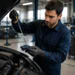 Mechanic checking engine oil level with dipstick under an open car hood in a garage 