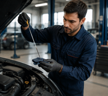 Mechanic checking engine oil level with dipstick under an open car hood in a garage 
