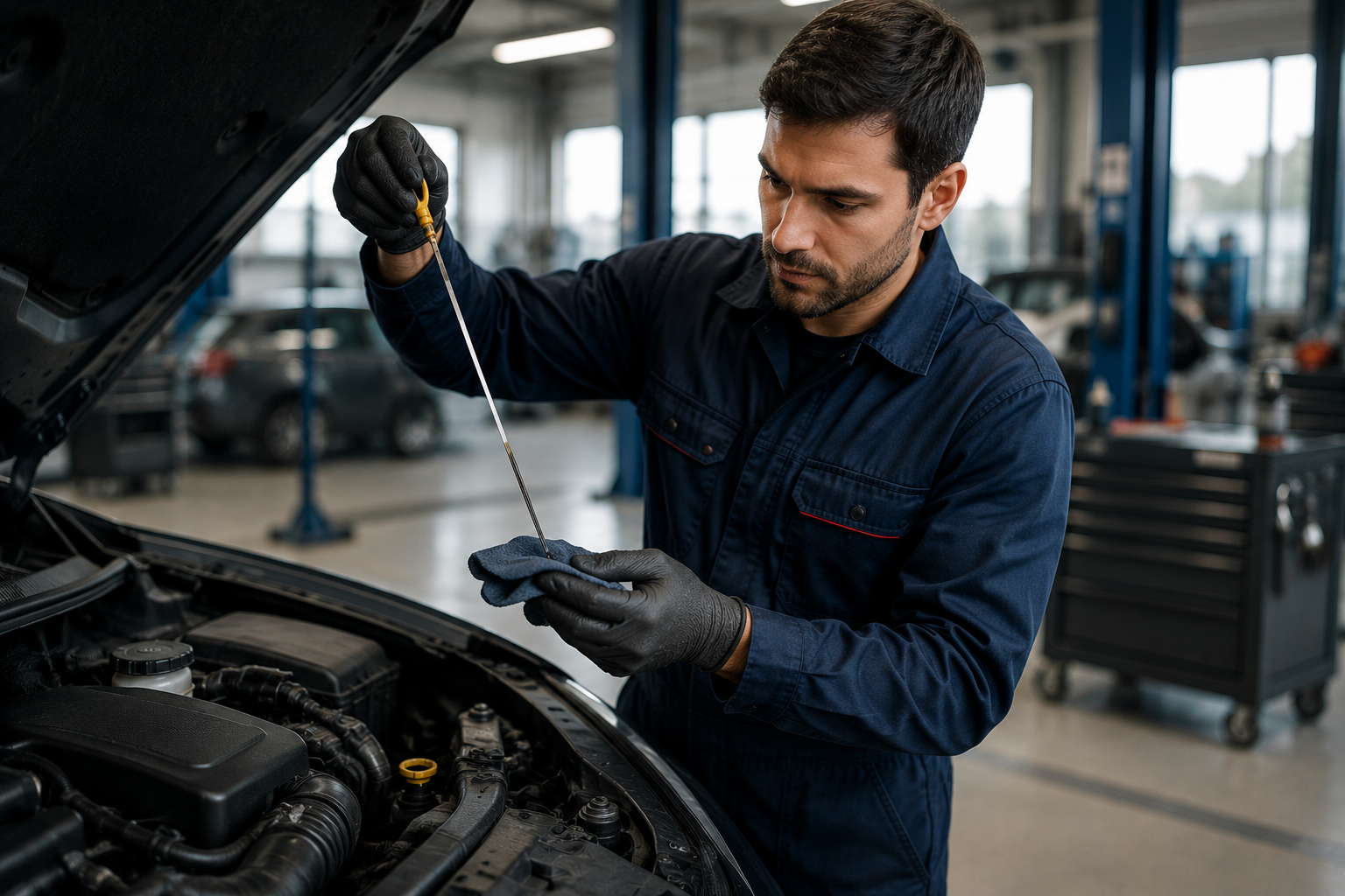 Mechanic checking engine oil level with dipstick under an open car hood in a garage