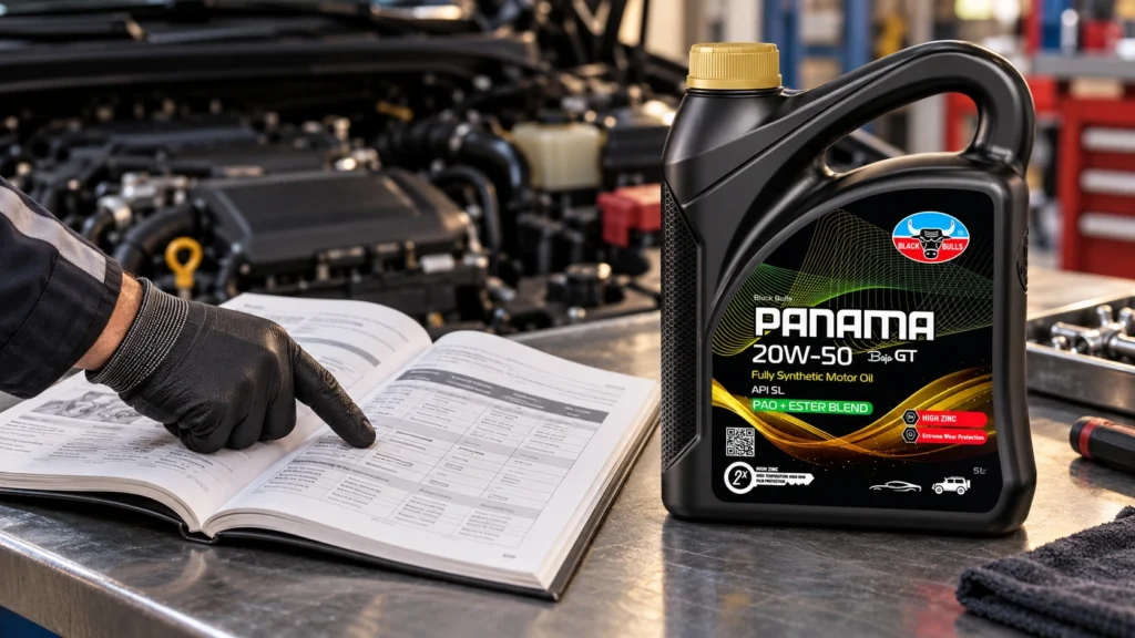 Checking the vehicle manual beside 20W50 engine oil