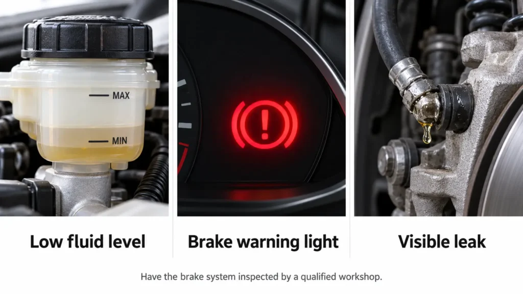 Low brake fluid, brake warning light and visible leak