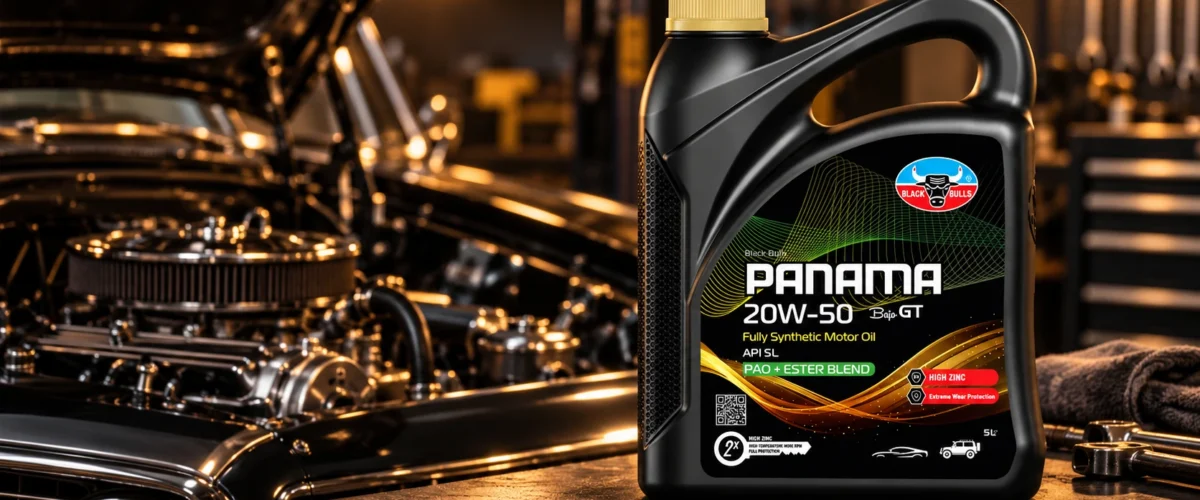 Black bull beside Black Bulls PANAMA 20W 50 engine oil