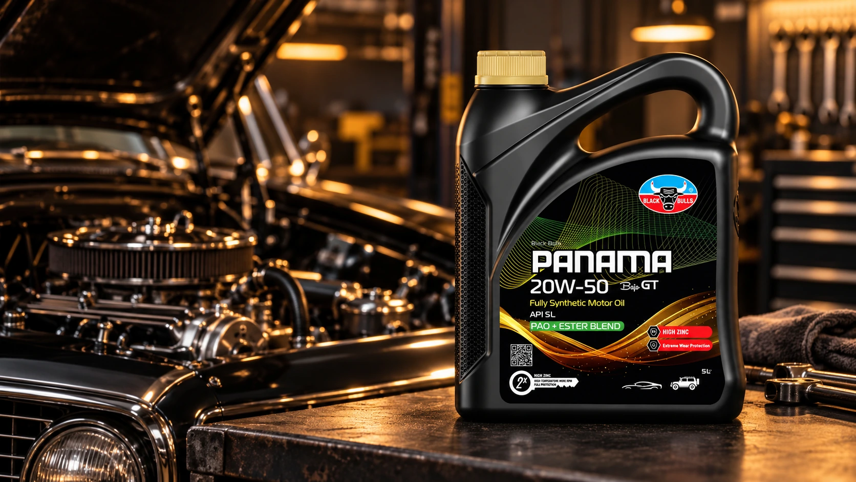 Black bull beside Black Bulls PANAMA 20W 50 engine oil