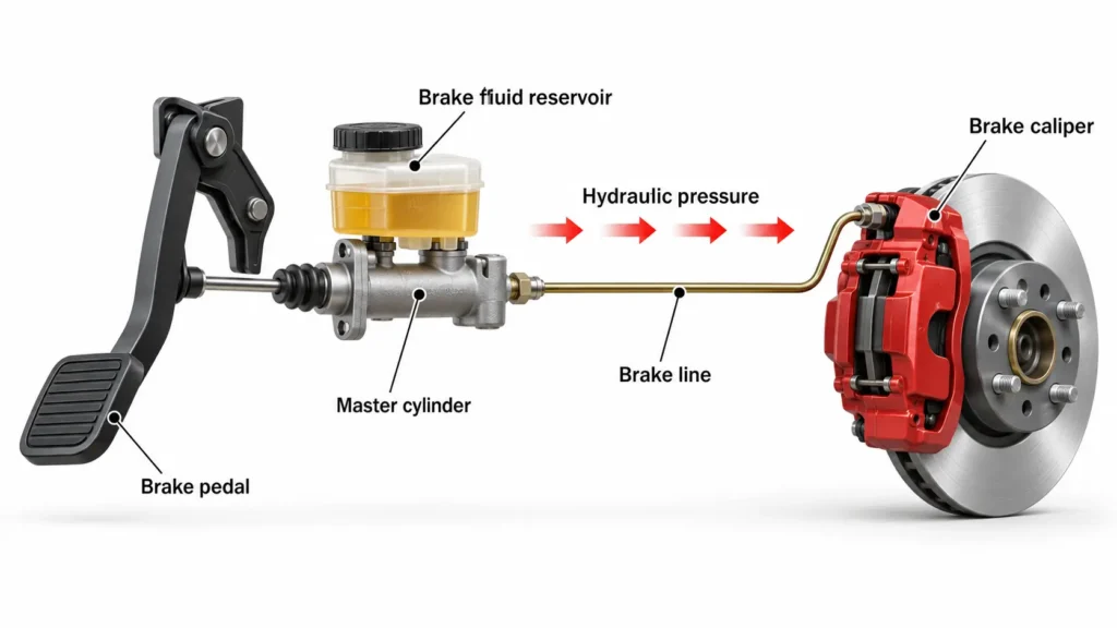 Brake fluid transmitting pressure to the brake caliper